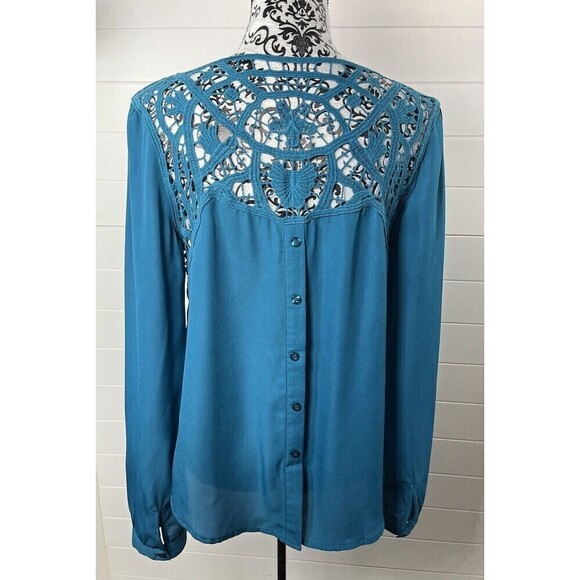 EAM Teal Embroidered Crocheted Floral Long Sleeve Blouse Size Medium Boho - Picture 6 of 11